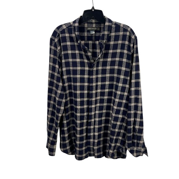 French Connection Men's Navy White Plaid Long Sleeve Shirt Sz L Cotton Oversized - Picture 1 of 12